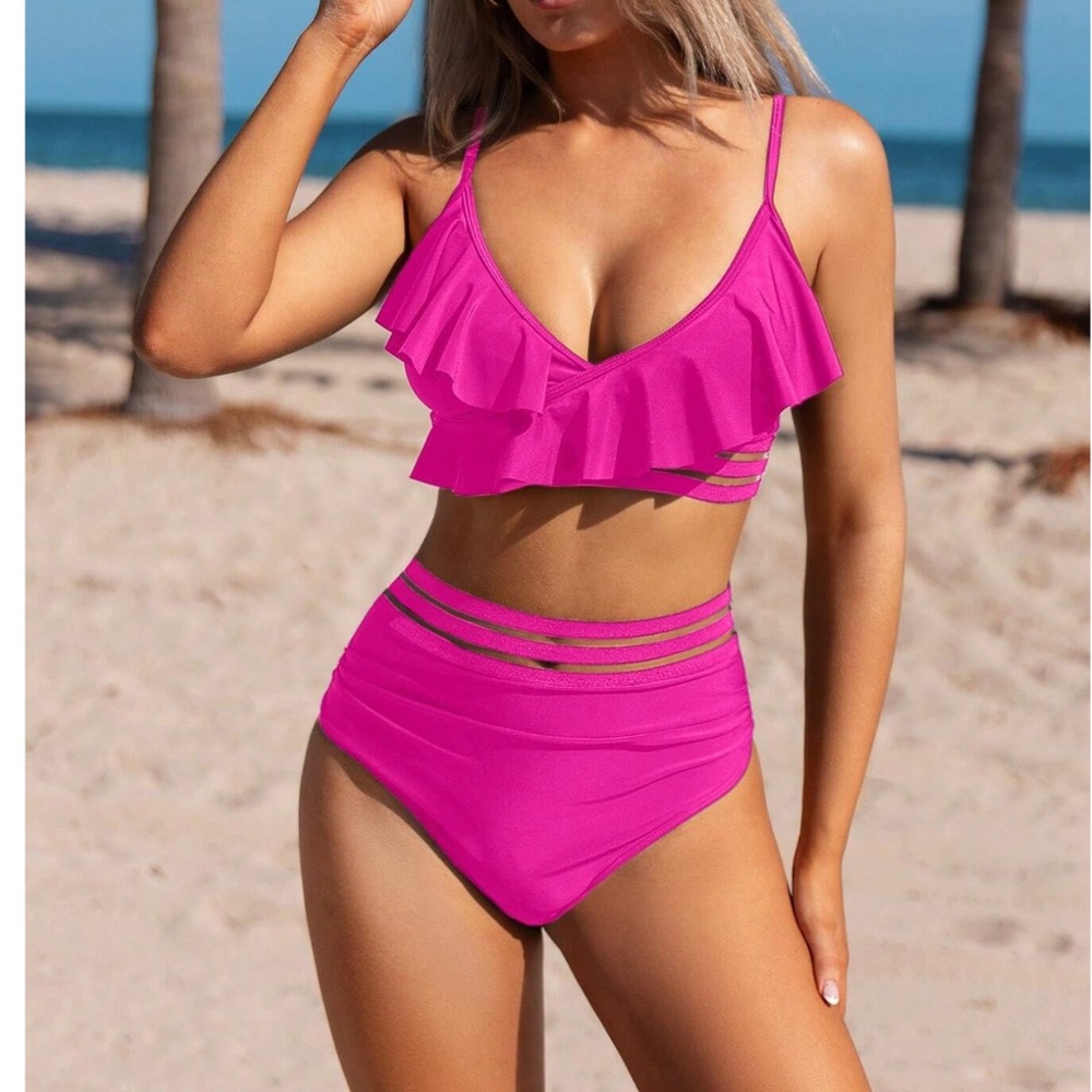 Boho Ruffle Detail High Waisted Two Piece Bikini Swimsuit - Picture 9 of 10